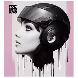 a woman wearing headphones in front of dripping paint