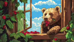bear looking out the window at the berries and raspberries,a bear is looking out a window with berries on his feet