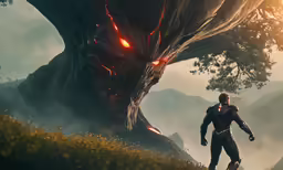 an image of a man walking toward the giant tree