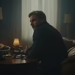 a man sitting in a dark room with his hand on a table