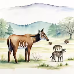 an animal painted in watercolor and ink with zebra, antelope, and birds
