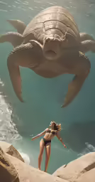 a woman standing in the water with an enormous turtle underwater