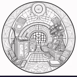the image has a lot of objects inside,a drawing of a room with chairs and a door
