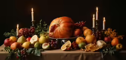 still life of a large fruit platter, fruit and candles