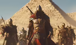 some knights with helmets and swords in the desert