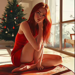 a young woman poses naked near a christmas tree,a beautiful young red headed woman sitting on top of a wooden floor
