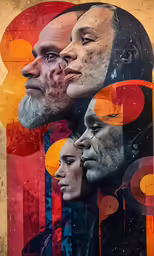 a man with two faces surrounded by different colors