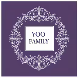 a purple card with an ornate frame and a white words yo family