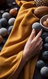 two hands touching some stones on top of a blanket