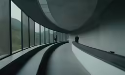 a couple are standing inside of a concrete building