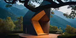 a stair area with a tree and an outdoor seating area