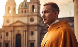a man in an orange robe in front of a white and brown building