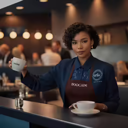 an attractive woman in a restaurant holding a coffee cup