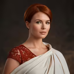 a woman with red hair wearing a white dress