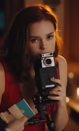 a woman holding a camera near her face