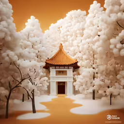 a picture of a pagoda and some trees