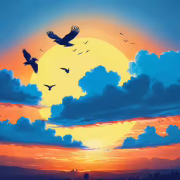 an image of birds in a sunset sky,a sunset scene with two birds flying over the sunset