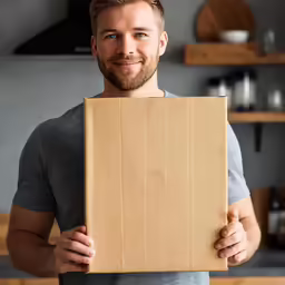 a man smiling holding up a box in front of him