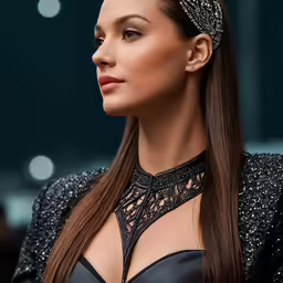 a woman in a tiara looking at something