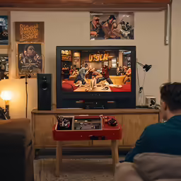 a tv is on in a room with other things