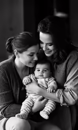 three woman, one holding a baby and smiling for the camera