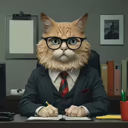 the cat dressed as a man in glasses sits at his desk