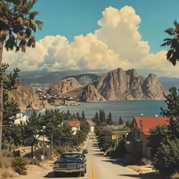cars are driving down a rural road near the water