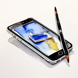 a tablet next to a pen on top of a white sheet,the mobile phone has an inked pen sticking up the paper