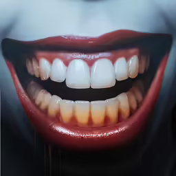 a scary smile has dripping blood all over it