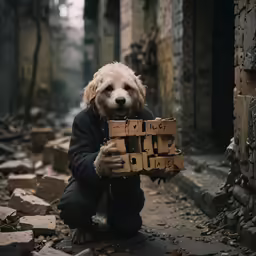 a dog is holding a small box in its hands