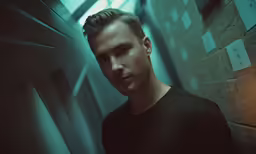a man poses in an empty hallway wearing a black shirt