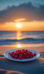 raspberries on plate in front of the ocean at sunset