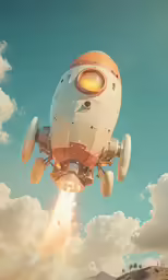 a white and orange spaceship flying through the air
