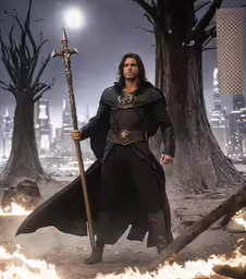a man dressed as doctor strange holding a sword and wearing an outfit with flamey detailing