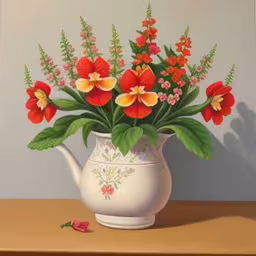 /tmp/FOOIhs79r.jpg = an oil painting of flowers and greenery in a white pitcher
,/tmp/FOOIhs79r.jpg = a painting of an elegant flower arrangement in a white vase
,/tmp/FOOIhs79r.jpg = a painting of a potted plant on a table
,/tmp/FOOIhs79r.jpg = flowers are displayed in a white vase on a wooden table
,/tmp/FOOIhs79r.jpg = a white painted jug with flowers inside on a wooden surface
,/tmp/FOOIhs79r.jpg = painting of flowers in white vase with red, orange and yellow flowers
,/tmp/FOOIhs79r.jpg = a white vase filled with red and yellow flowers
