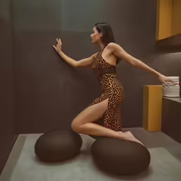 a woman in a leopard print dress with her legs spread and her leg on the ground