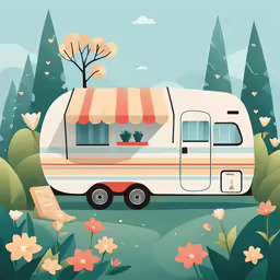 an illustrated camper parked in the grass with trees and flowers