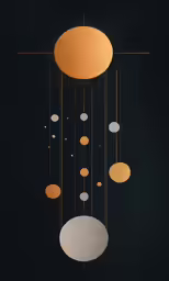 an artistic, gold and white art work depicting different kinds of suspended balls