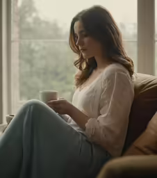 the woman is enjoying her cup of coffee