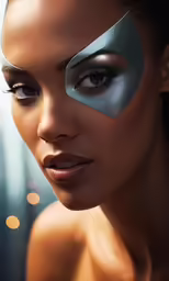 a beautiful young woman with a silver mask and shiny eyes