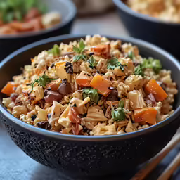 food in a bowl and on a table