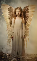 a girl with long red hair wearing angel wings