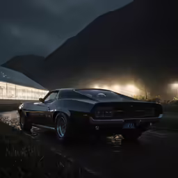 an old mustang on a rocky road at night