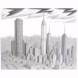 pencil drawing of a large cityscape with tall buildings,a pencil drawing of a cityscape with clouds above it