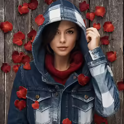 a woman wearing jeans and a jean jacket with flowers growing out of it