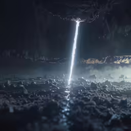 light streaks in the distance, with one beam illuminated