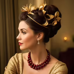 a woman wearing a necklace and earrings and a hair pin