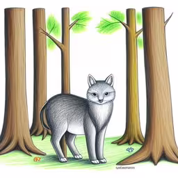an animal is standing between trees and looking at the camera