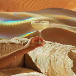 a person holding a drink in their hand, against the back of the couch,a female hand holding a martini glass with liquid in it