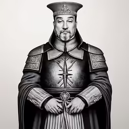 a man in medieval clothing standing in front of a wall